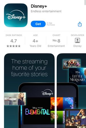 A screenshot of the disney+ iOS app store page. It has the age rating 4+.