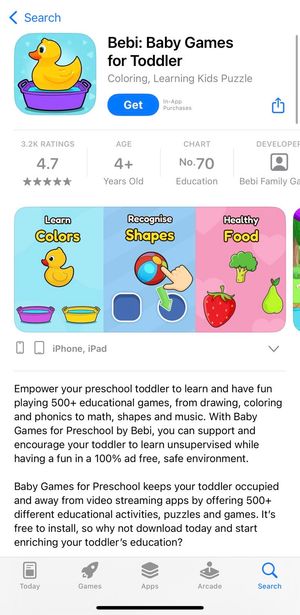 An screenshot of the bebi teaching app. It has a 4+ rating.